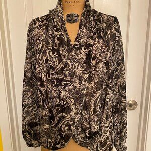 Bisou Bisou Michele Bohbot blouse, black and white, drape front, button sleeves